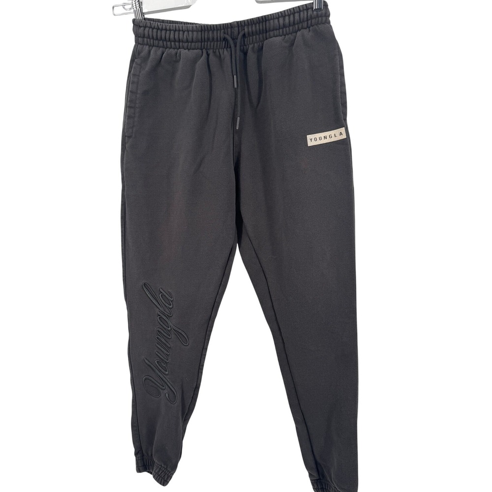 YoungLA 245 Joggers Mens Size M Gray Script Logo Fleece Sweatpants YLA2330